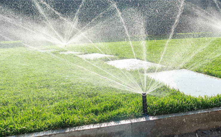 sprinklers watering a lawn with a cement block path in between